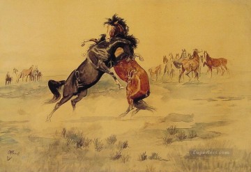 馬 Painting - ザ・チャレンジ西部アメリカのチャールズ・マリオン・ラッセル馬